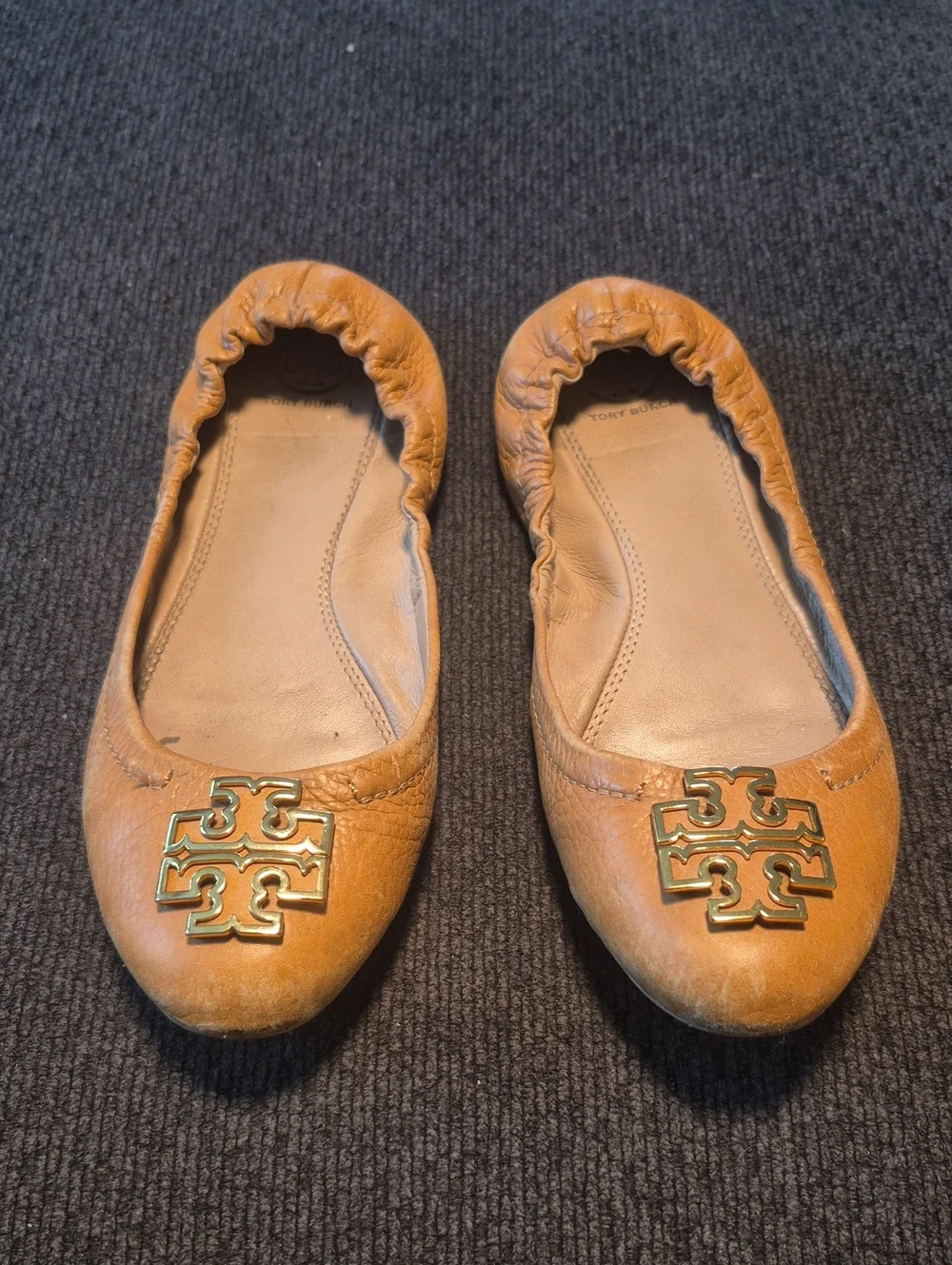 Tory Burch Caramel Leather Ballet Flats with Gold Logo